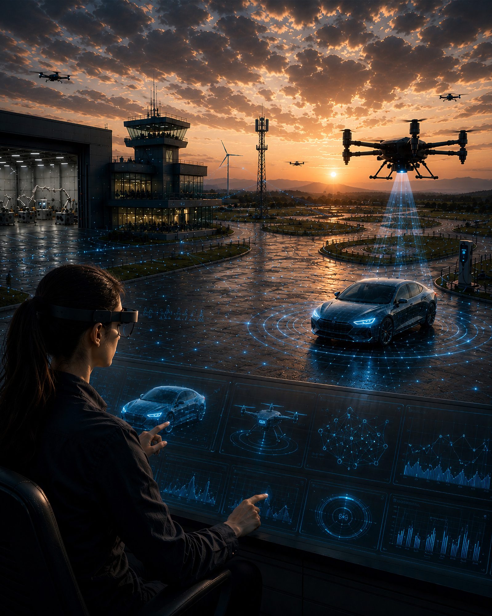 Operator in a control room supervising drones and a connected car at an innovation hub at sunset